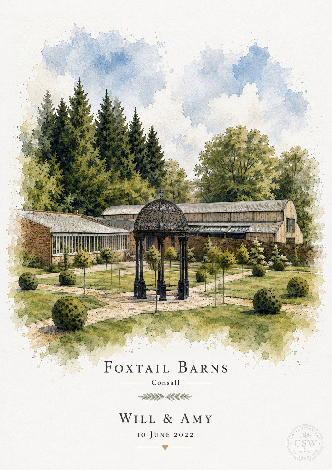 Hand-painted watercolour illustration of Foxtail Barns wedding venue with couple names and date