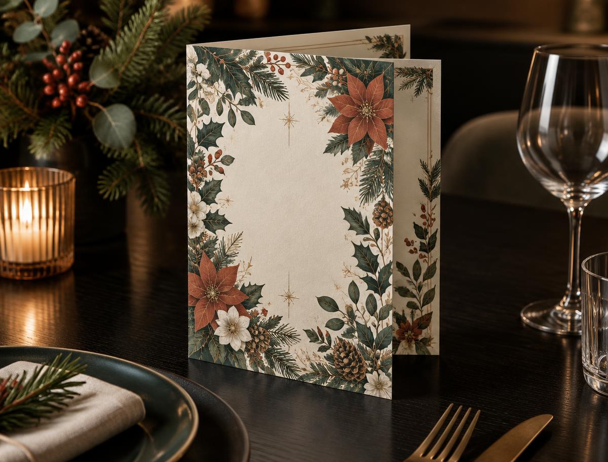A4 Menus 170gsm Silk — Double-Sided shown in a festive Christmas setting