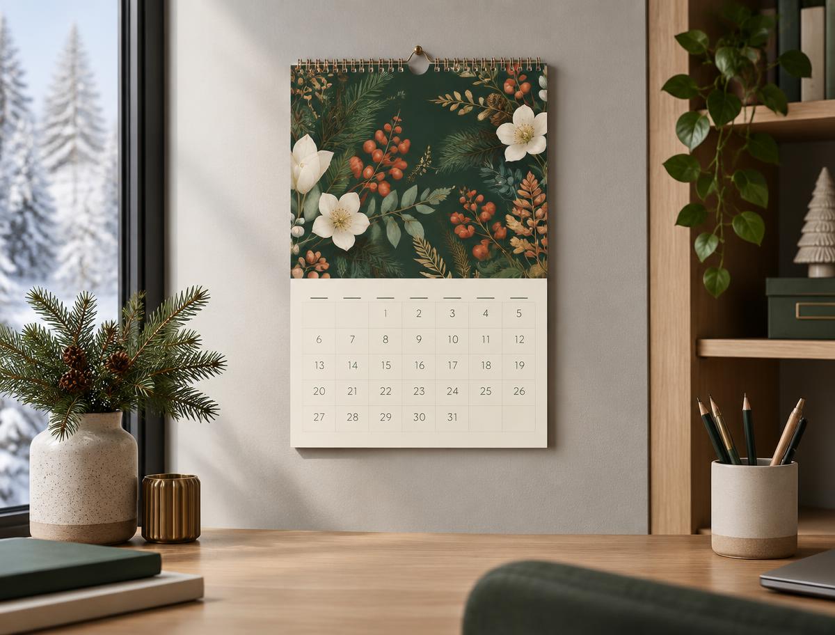 A4 Wiro-Bound Wall Calendar shown in a festive Christmas setting