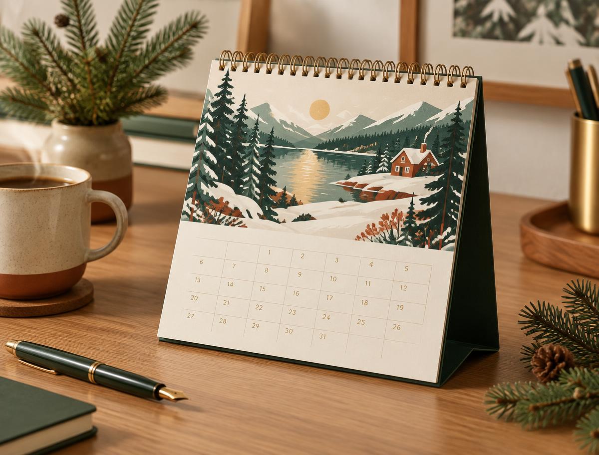 A5 Premium Desk Calendar shown in a festive Christmas setting