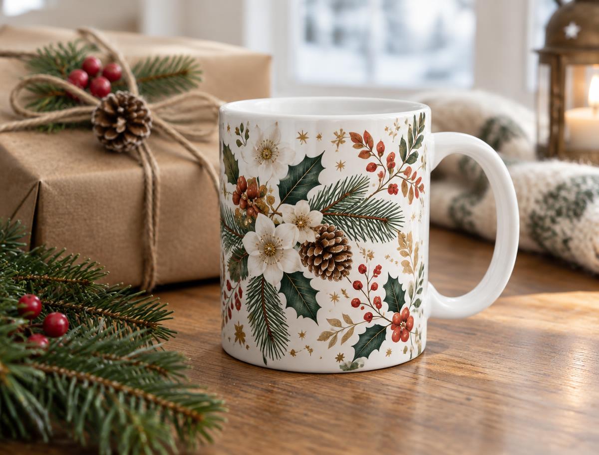 11oz Ceramic Mug shown in a festive Christmas setting