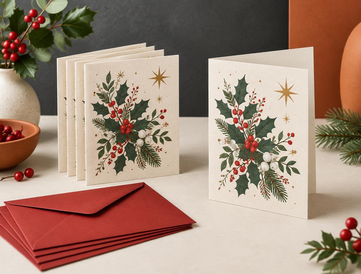 Recycled A6 Christmas Cards + Red Envelopes shown in a festive Christmas setting