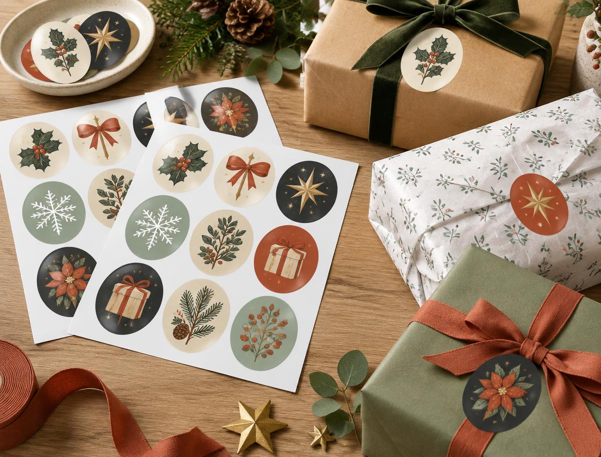 Festive Oval Sticker Sheets shown in a festive Christmas setting