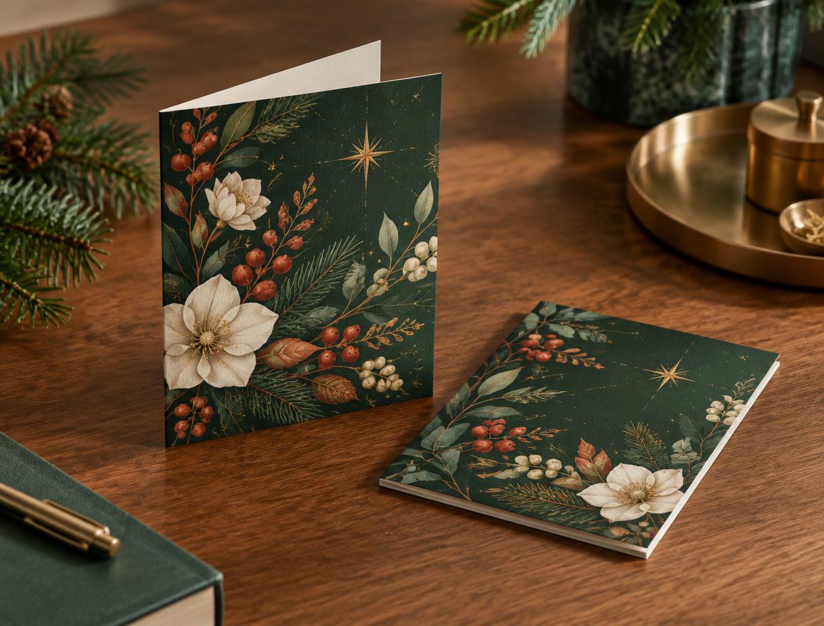 Folded Business Cards 400gsm shown in a festive Christmas setting