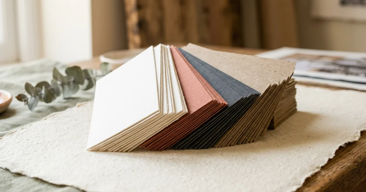 A fanned stack of thick business card blanks in silk, matt and kraft finishes, edges catching the light