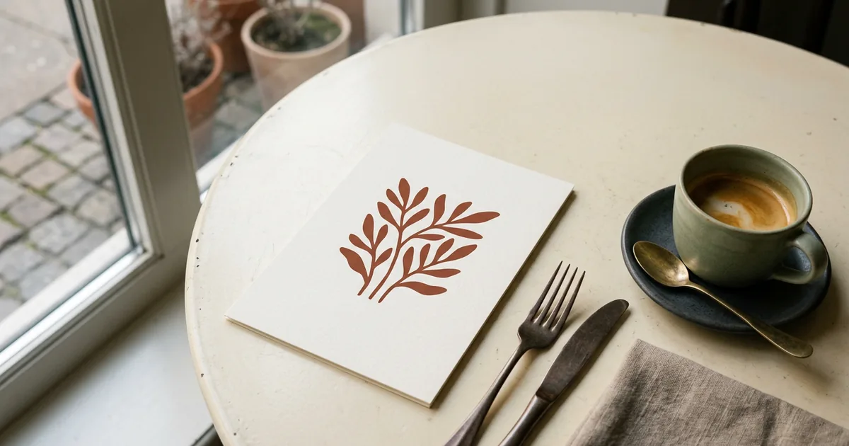 A printed restaurant menu card on a cafe table with cutlery and a coffee