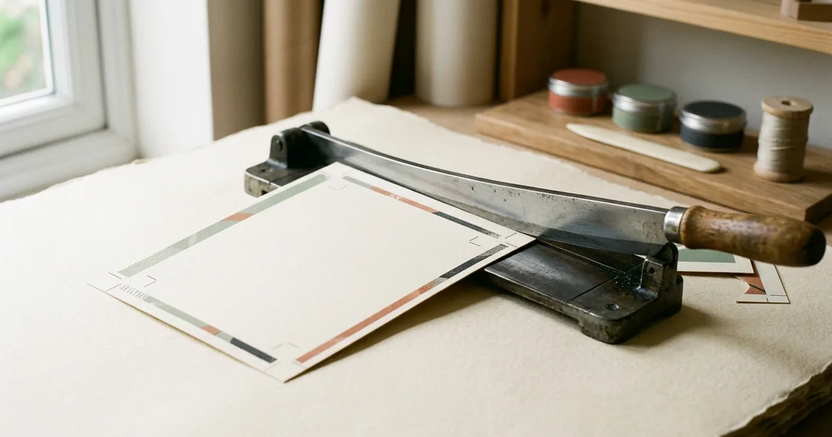 A printed sheet with crop marks and bleed area beside a guillotine blade
