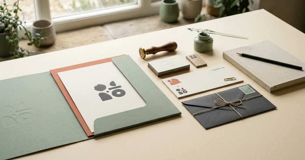 Matching branded letterhead, business cards, compliment slip and folder laid out together