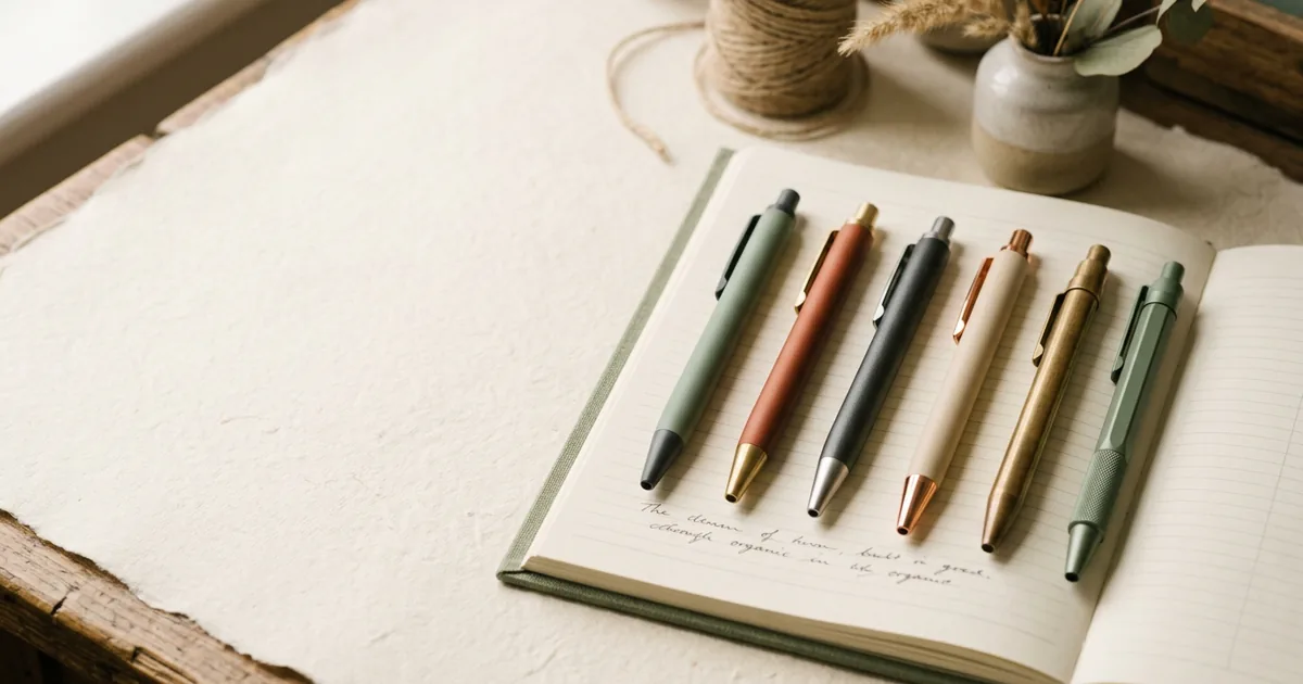 A row of branded pens in metal and plastic finishes on a notebook