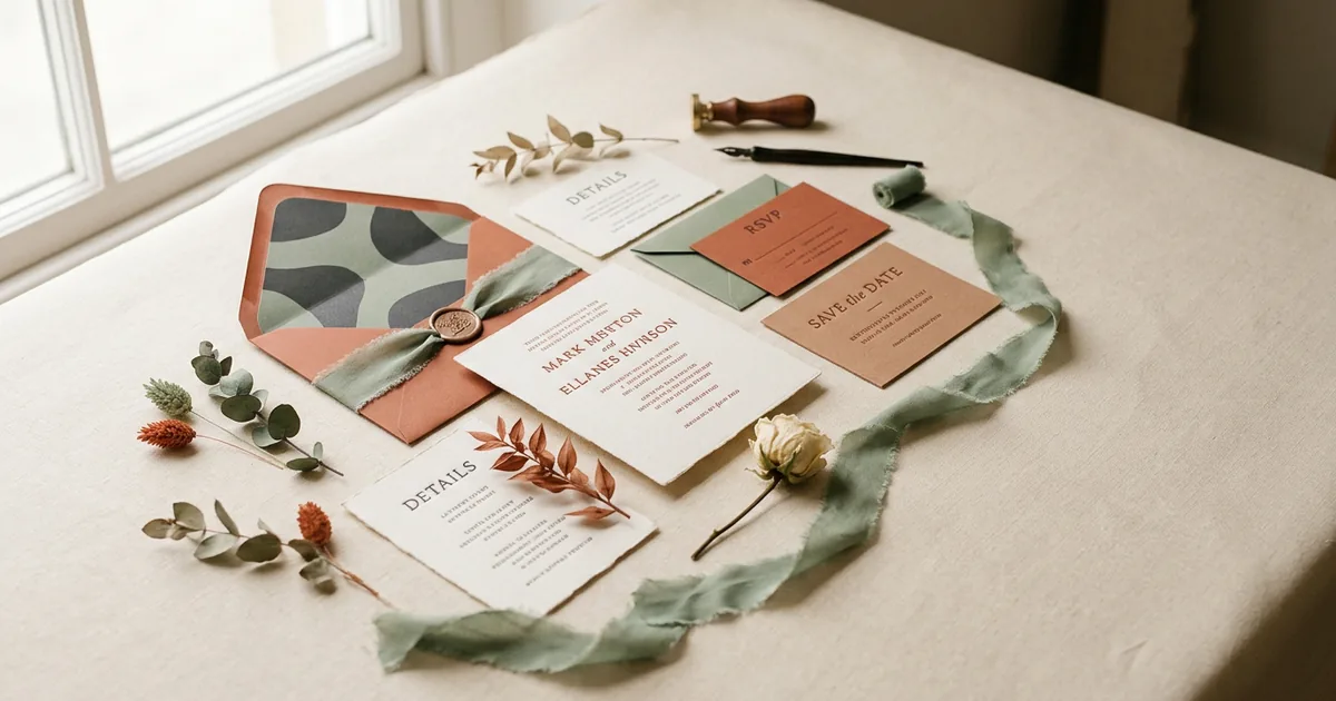 Elegant wedding invitation suite with envelopes, ribbon and dried flowers