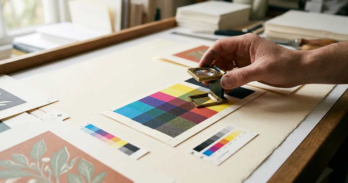 Cyan, magenta, yellow and black ink swatches overlapping on a printed colour bar with a loupe
