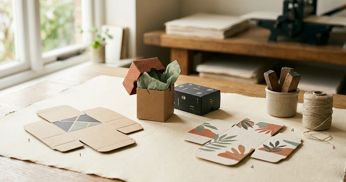 Kraft and printed folding cartons flat and assembled on a bench with tissue paper
