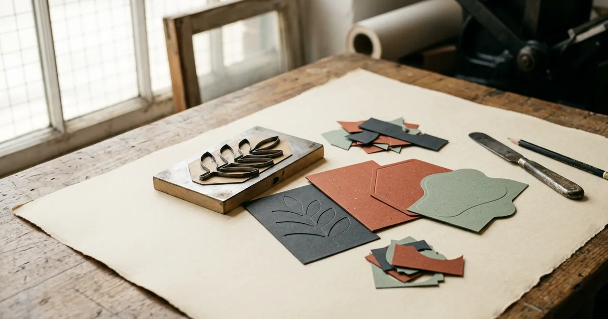 Custom shaped die-cut cards and a cutting forme on a workbench
