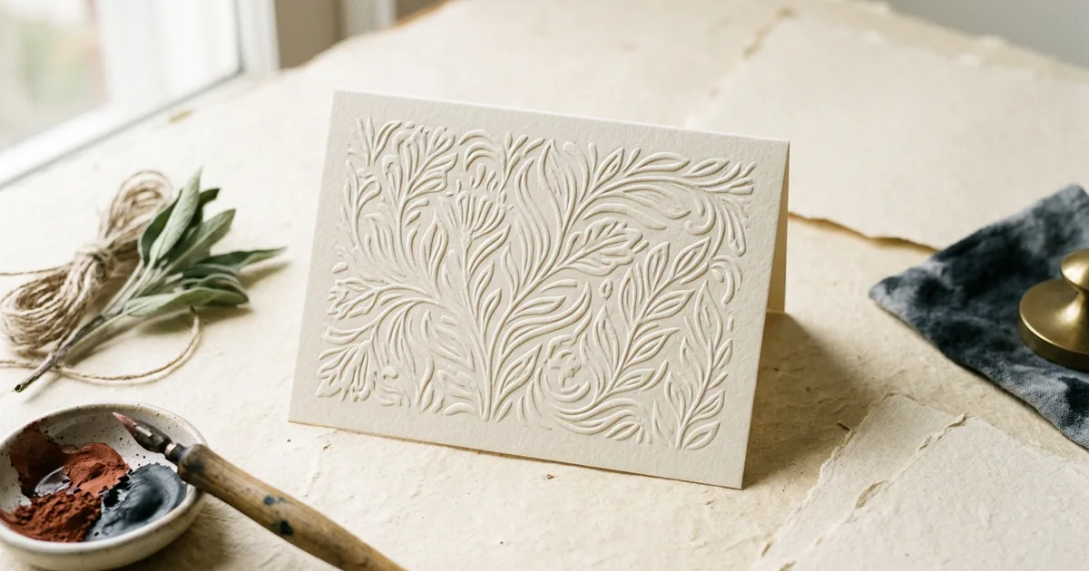 A cream card with a deeply embossed pattern raking in side light