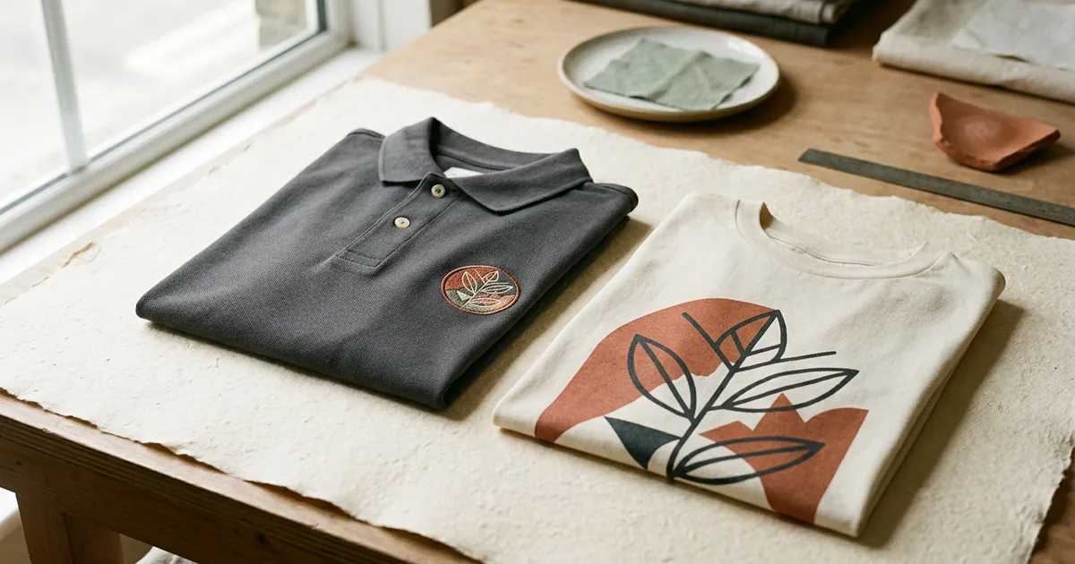 A folded polo shirt with an embroidered chest badge beside a printed tee