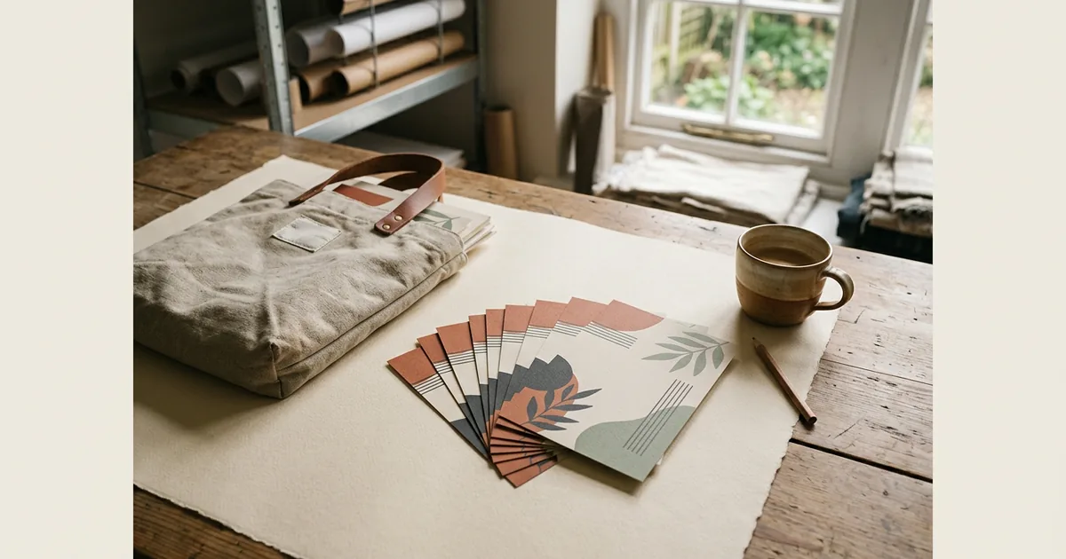 A fan of freshly printed A5 flyers beside a canvas delivery bag and a coffee cup