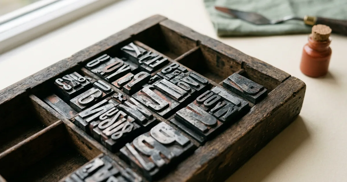 Metal letterpress type sorts arranged in a tray, close macro