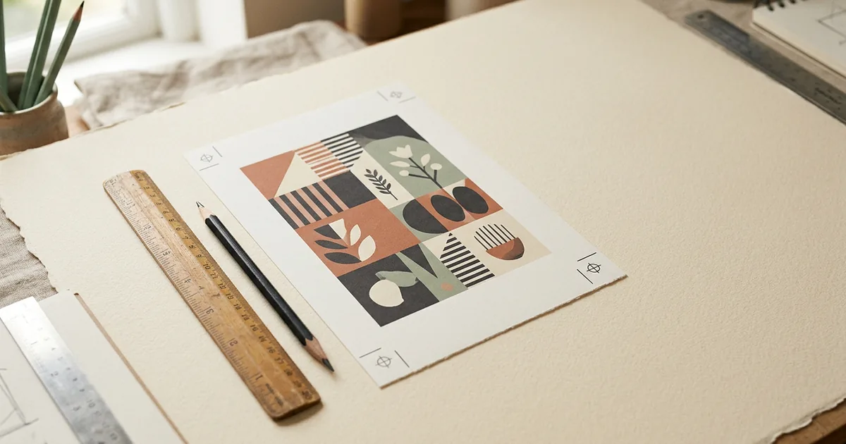A designer's desk with a printed proof, crop marks visible, ruler and pencil