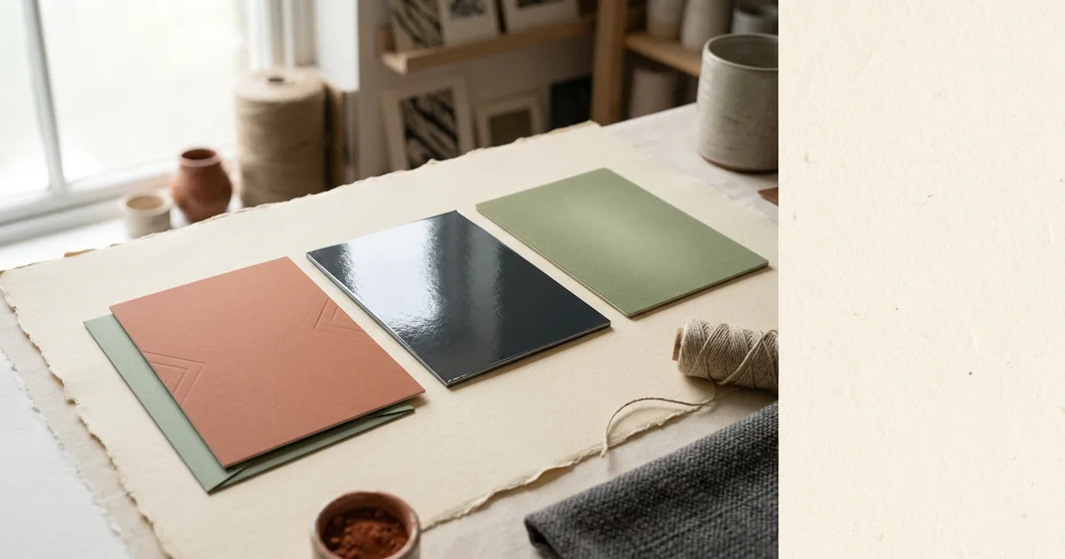 Three laminated card samples showing matt, gloss and soft-touch surfaces reflecting light differently