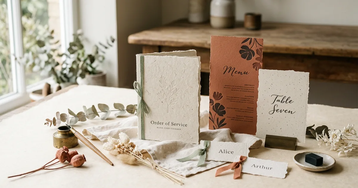Wedding day stationery flat-lay with order of service, place cards, table number and menu
