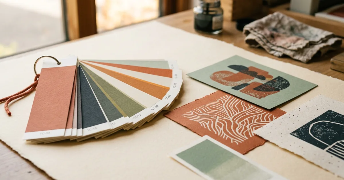A fanned Pantone-style colour swatch book open beside printed colour patches