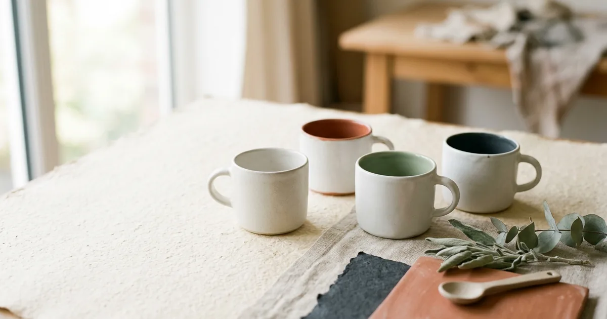 Plain ceramic mugs in white and colour-inside styles on a studio surface