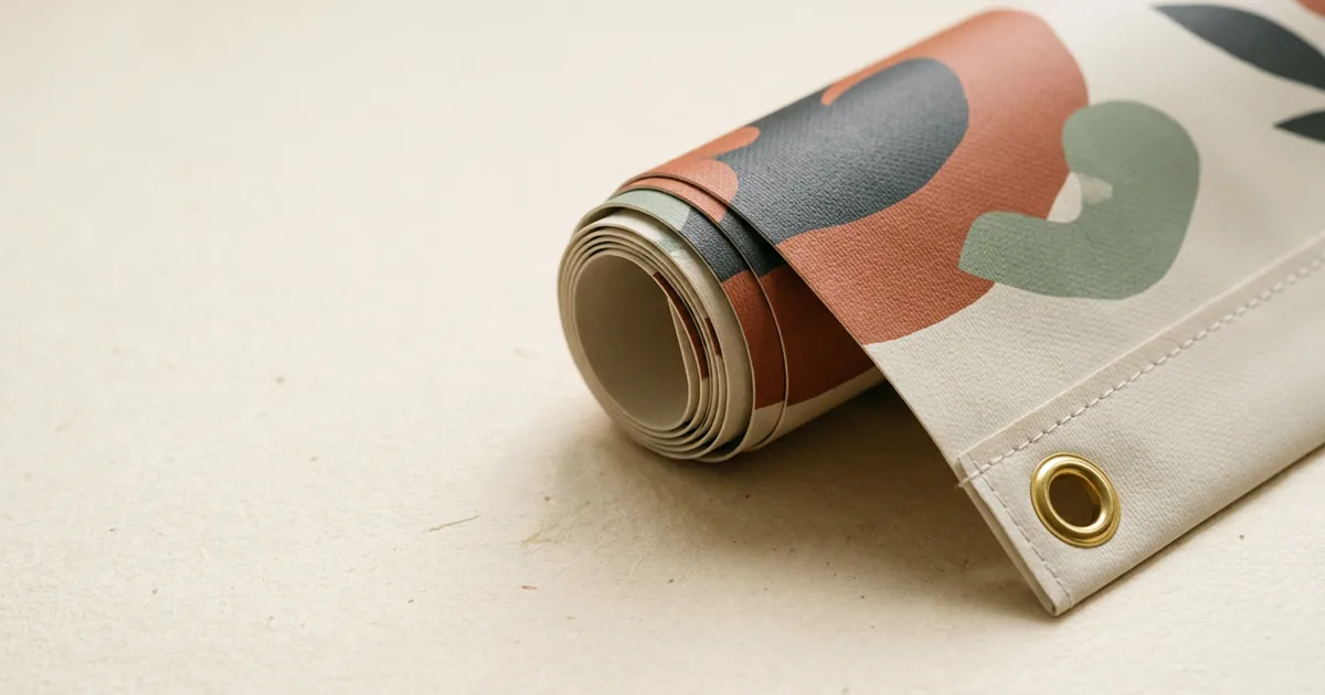 A rolled PVC banner with hemmed edge and brass eyelets close up