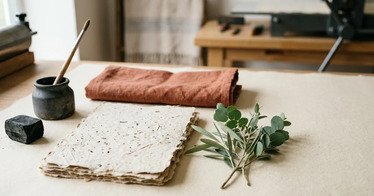 Natural recycled paper sheets with visible fibres beside a sprig of greenery