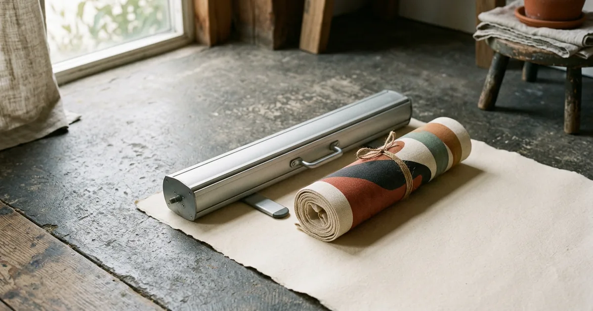 A roll-up banner cassette base and rolled printed graphic on a studio floor