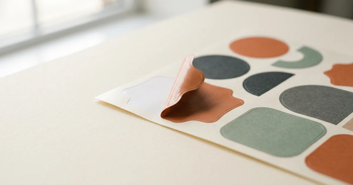 A sheet of die-cut vinyl and paper labels partly peeled from the backing