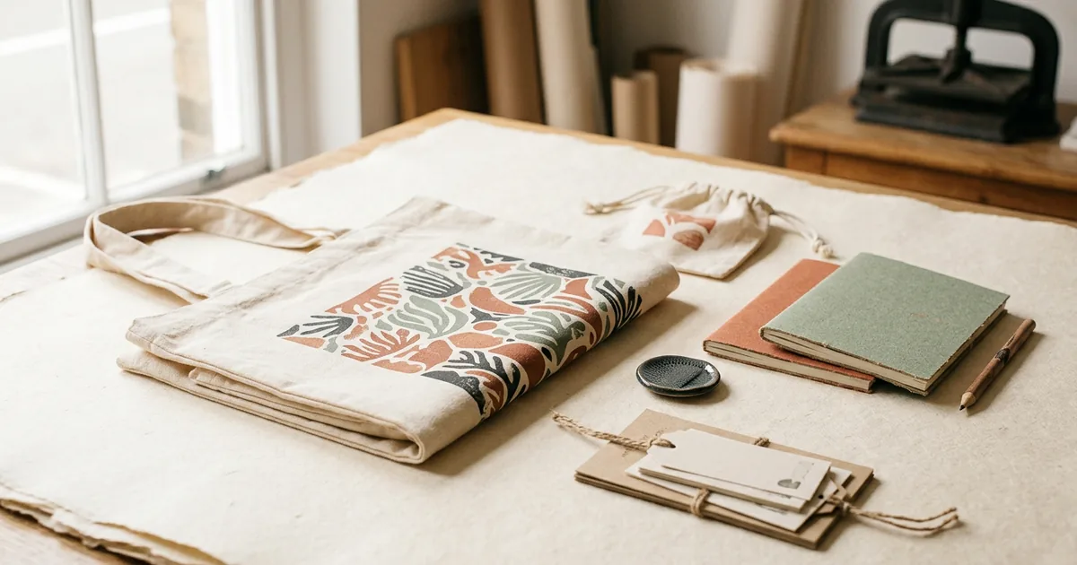 A natural cotton tote bag with printed panel, folded neatly with eco merch items