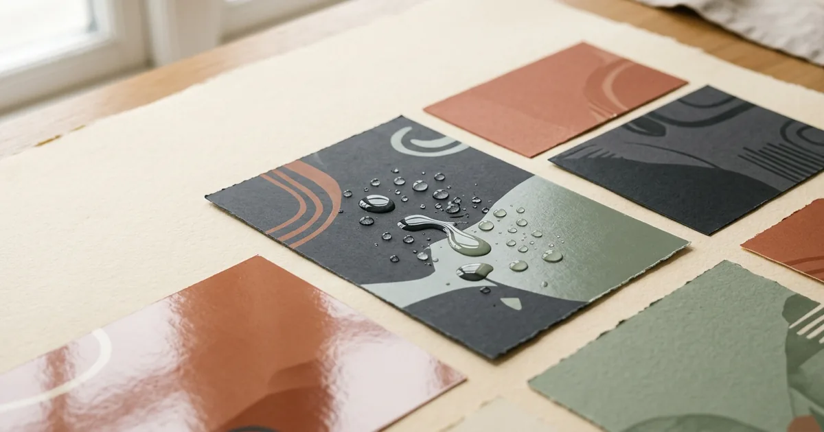 Printed sheets with varnished and laminated finishes, water droplets beading on one