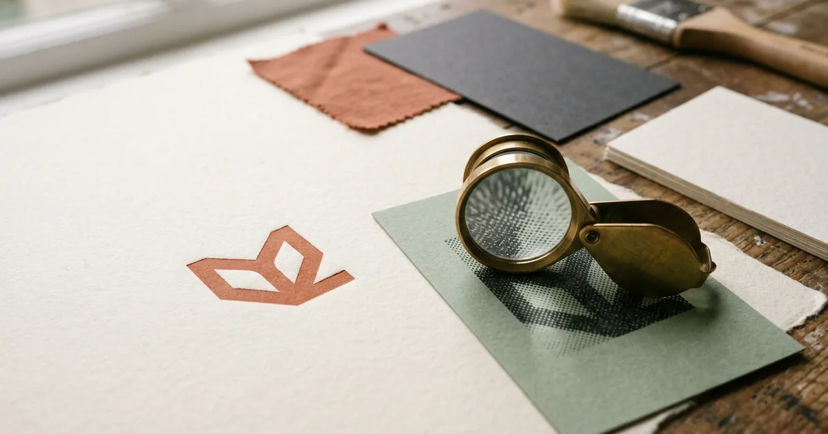A crisp printed logo shape beside a magnified pixelated print sample under a loupe