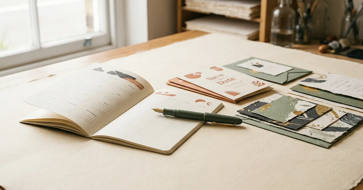 A calendar planner open beside save-the-date cards, invitation samples and a fountain pen