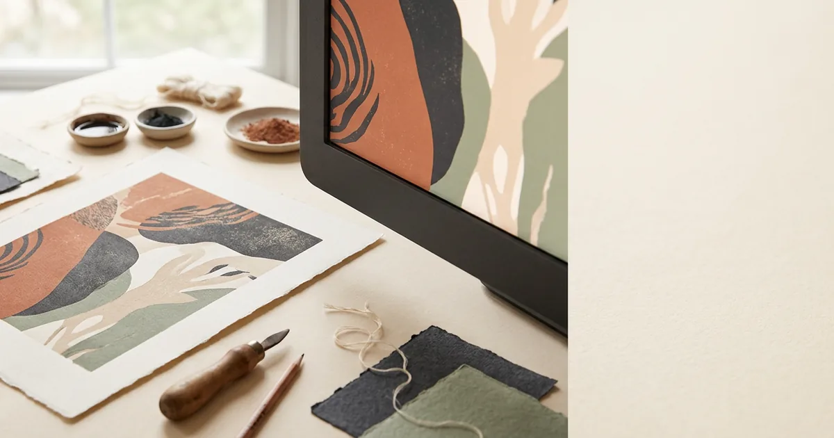 A printed proof lying beside a softly glowing monitor edge showing the same colours